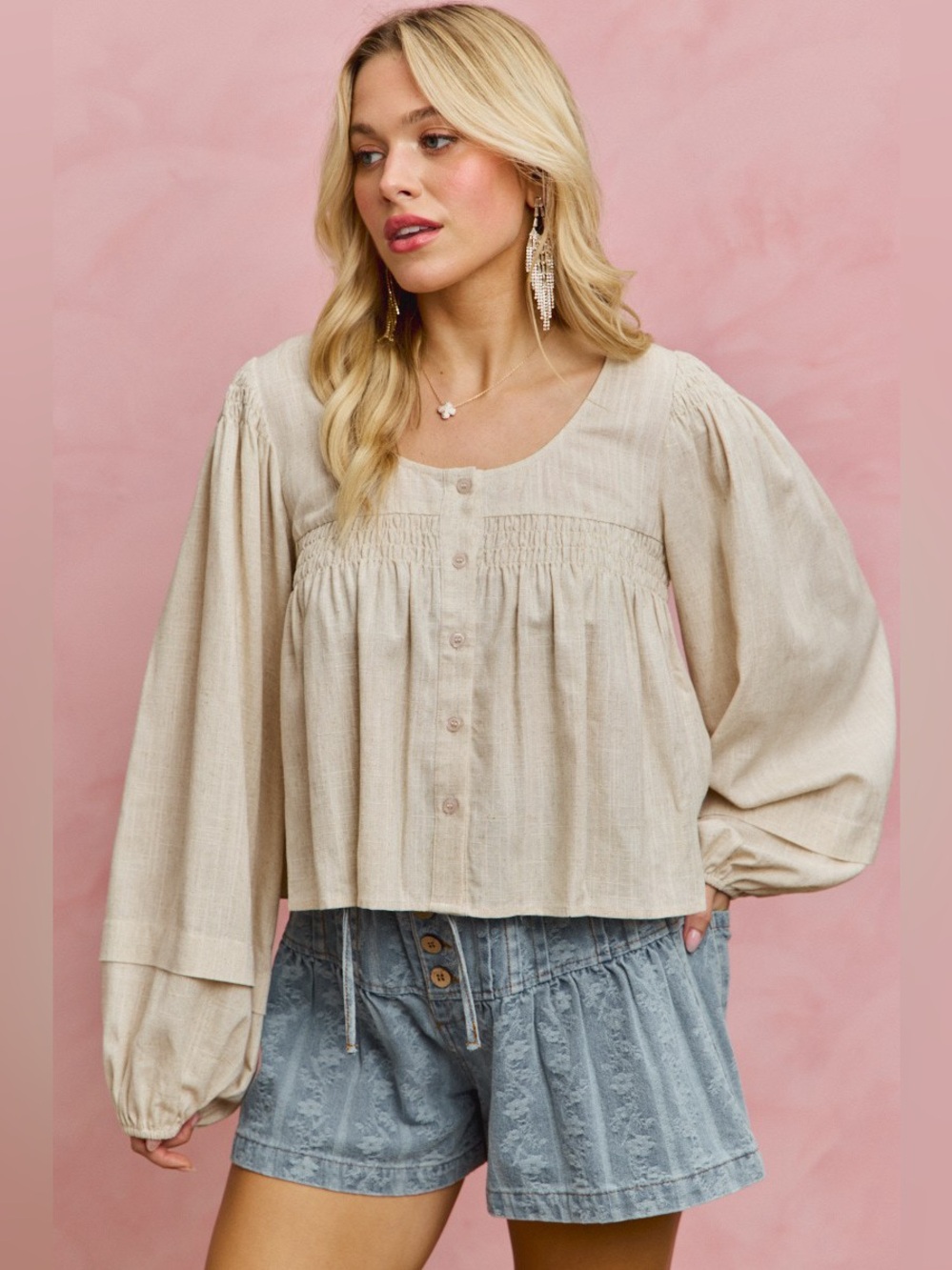 SO ME Linen Blend Woven Long Sleeve With Smocking Top - Picture 8 of 16